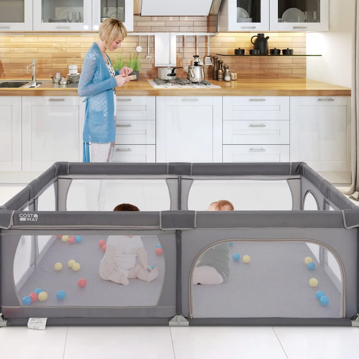 Laufgitter Baby Laufstall mit 50 Bällen & 2 Türen & Atmungsaktivem Netz Laufgitterzelt 205 x 147 cm Dunkelgrau