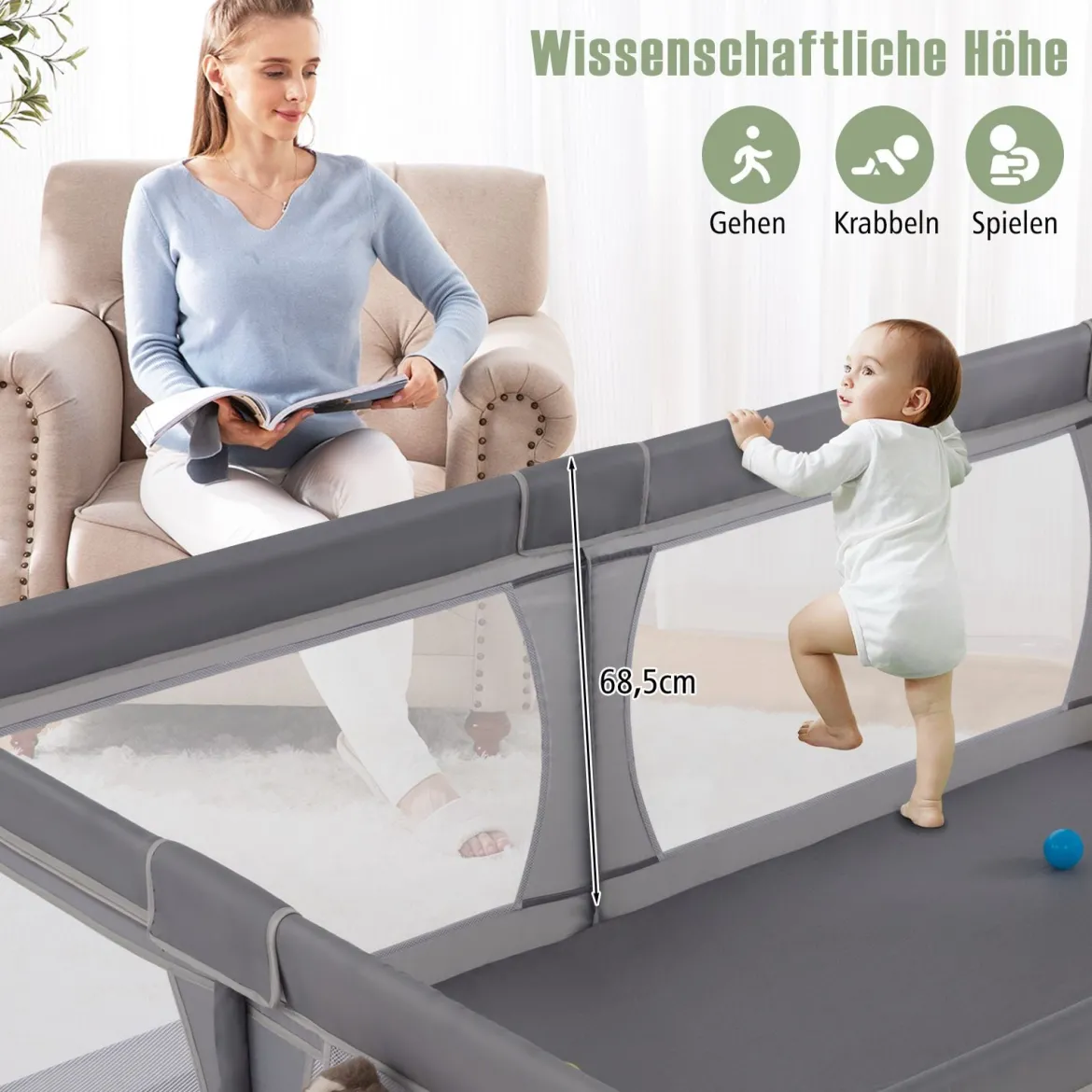 Laufgitter Baby Laufstall mit 50 Bällen & 2 Türen & Atmungsaktivem Netz Laufgitterzelt 205 x 147 cm Dunkelgrau