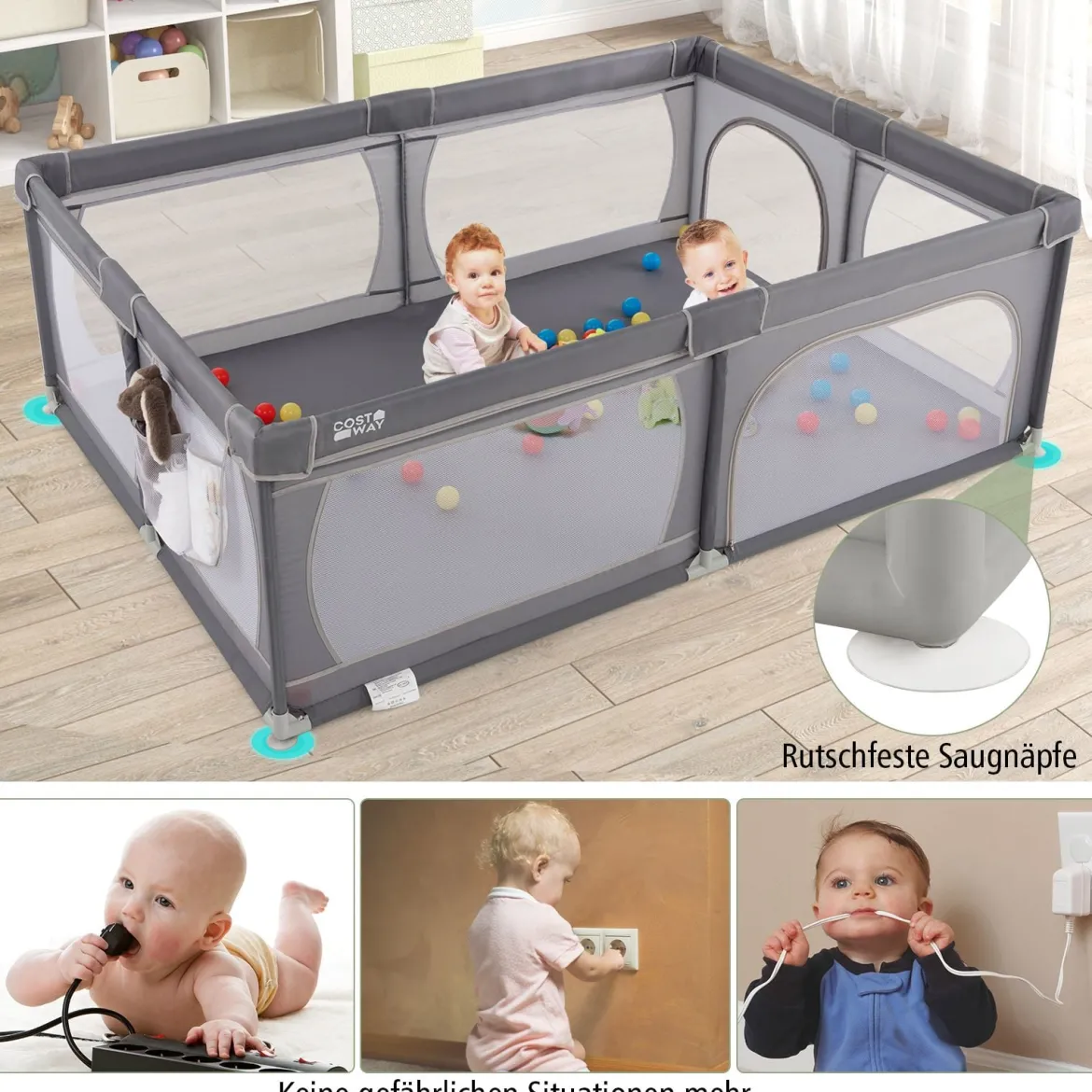 Laufgitter Baby Laufstall mit 50 Bällen & 2 Türen & Atmungsaktivem Netz Laufgitterzelt 205 x 147 cm Dunkelgrau