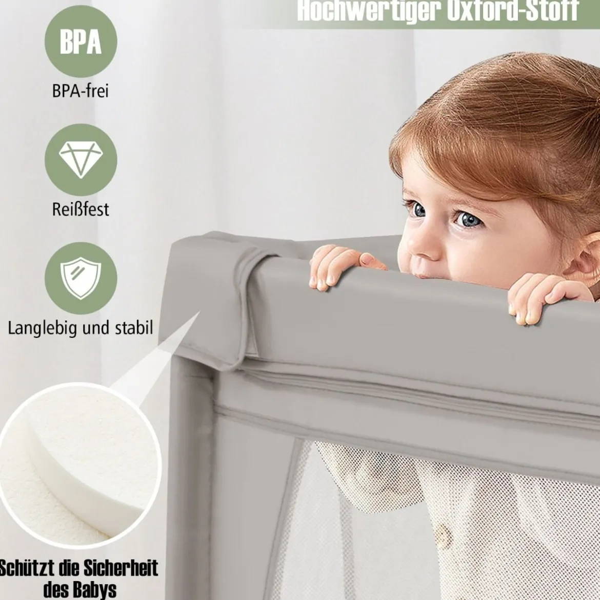 Laufgitter Baby Laufstall mit 50 Bällen & 2 Türen & Atmungsaktivem Netz Laufgitterzelt 205 x 147 cm Grau