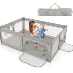 Laufgitter Baby Laufstall mit 50 Bällen & 2 Türen & Atmungsaktivem Netz Laufgitterzelt 205 x 147 cm Grau