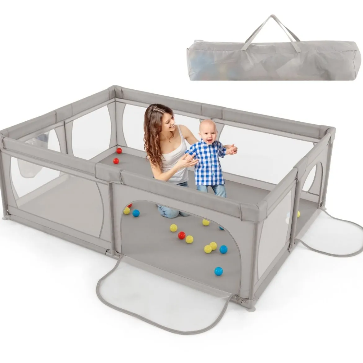 Laufgitter Baby Laufstall mit 50 Bällen & 2 Türen & Atmungsaktivem Netz Laufgitterzelt 205 x 147 cm Grau