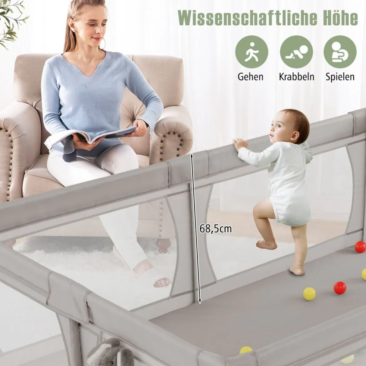 Laufgitter Baby Laufstall mit 50 Bällen & 2 Türen & Atmungsaktivem Netz Laufgitterzelt 205 x 147 cm Grau