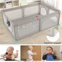 Laufgitter Baby Laufstall mit 50 Bällen & 2 Türen & Atmungsaktivem Netz Laufgitterzelt 205 x 147 cm Grau