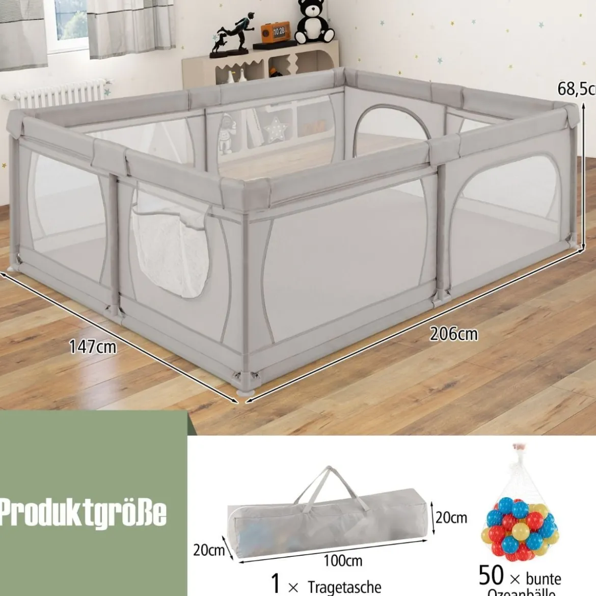 Laufgitter Baby Laufstall mit 50 Bällen & 2 Türen & Atmungsaktivem Netz Laufgitterzelt 205 x 147 cm Grau