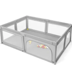 Laufgitter Baby Laufstall mit 50 Bällen & 2 Türen & Atmungsaktivem Netz 205 x 147 x 68 cm Grau