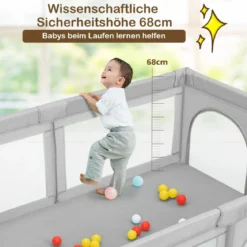 Laufgitter Baby Laufstall mit 50 Bällen & 2 Türen & Atmungsaktivem Netz 205 x 147 x 68 cm Grau