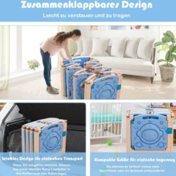 Laufgitter mit Tür und Spielzeugboard Baby Laufstall faltbar Absperrgitter aus Kunststoff Blau
