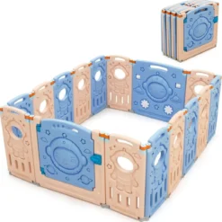 Laufgitter mit Tür und Spielzeugboard Baby Laufstall faltbar Absperrgitter aus Kunststoff Blau