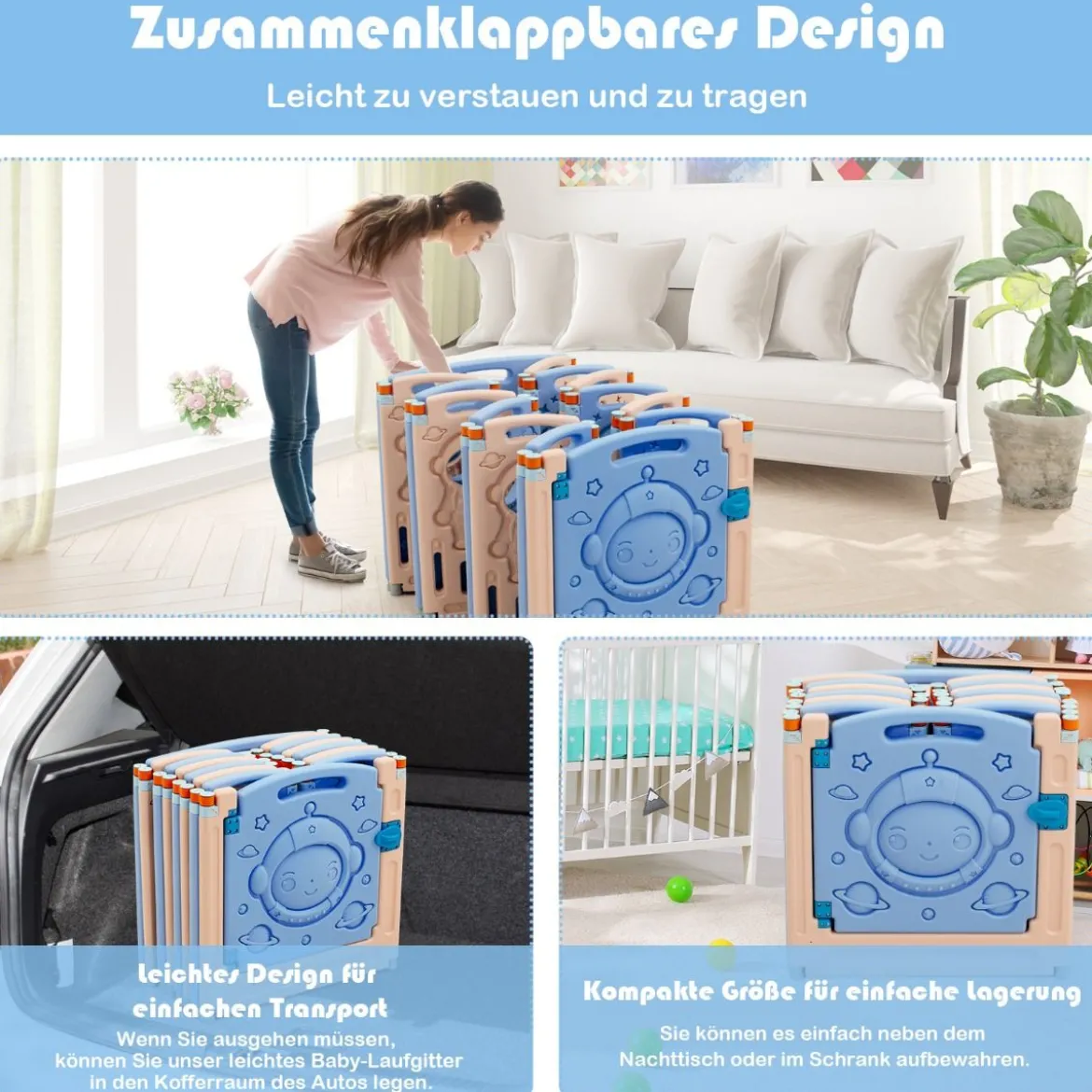 Laufgitter mit Tür und Spielzeugboard Baby Laufstall faltbar 30 x 61 cm