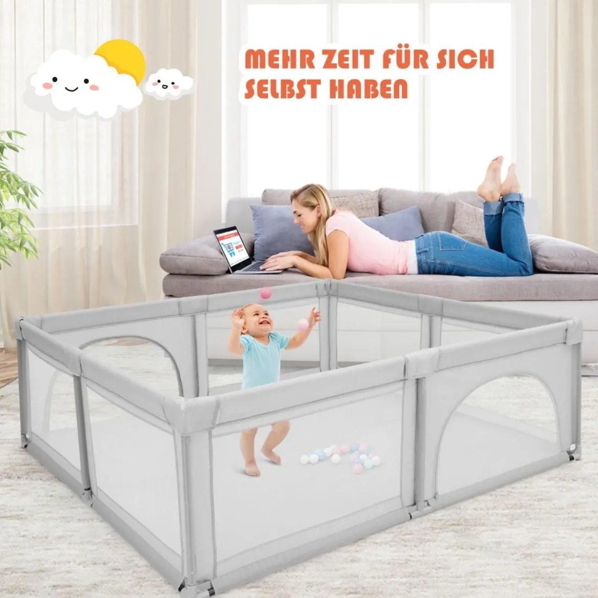 Laufgitterzelt für Säuglinge und Kleinkinder Krabbelgitter mit 2 Türen Grau
