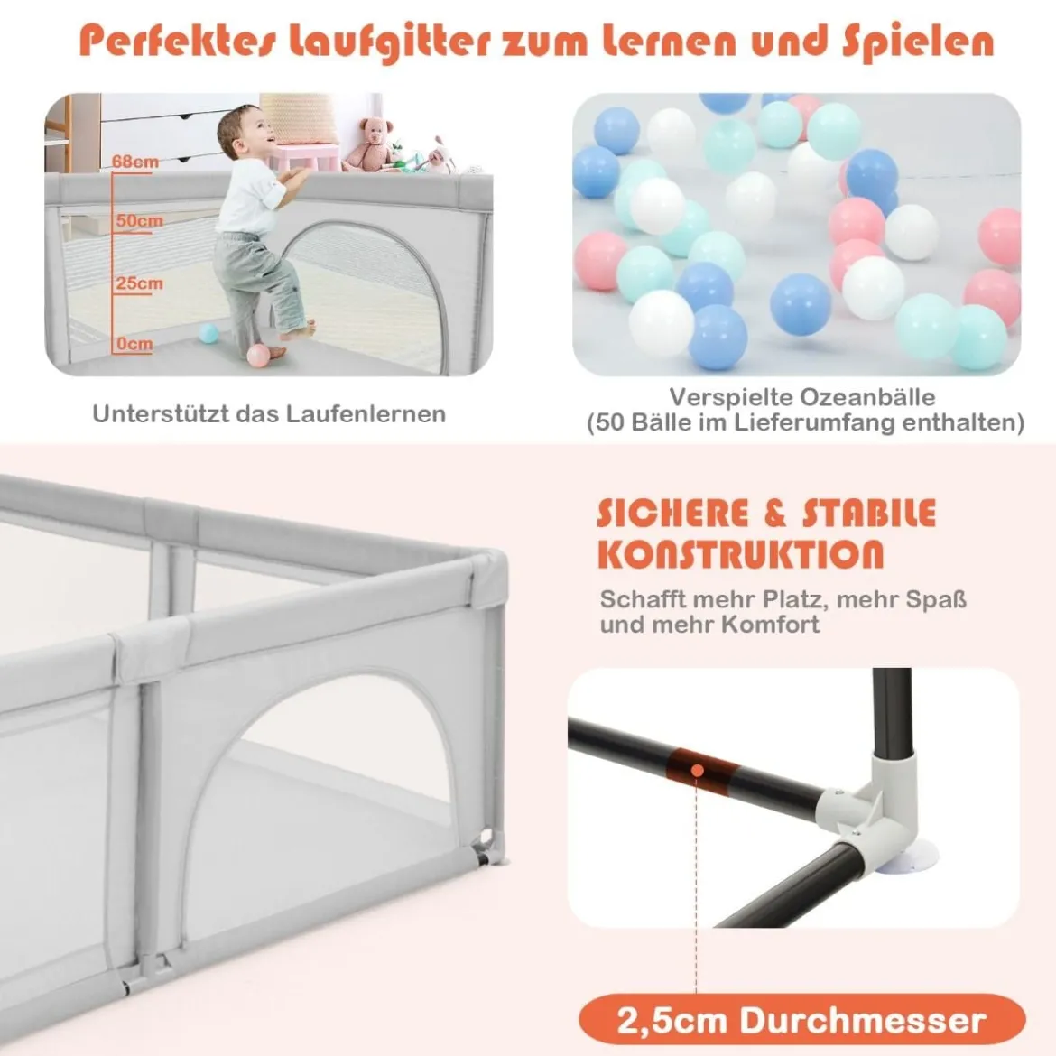 Laufgitterzelt für Säuglinge und Kleinkinder Krabbelgitter mit 2 Türen Grau
