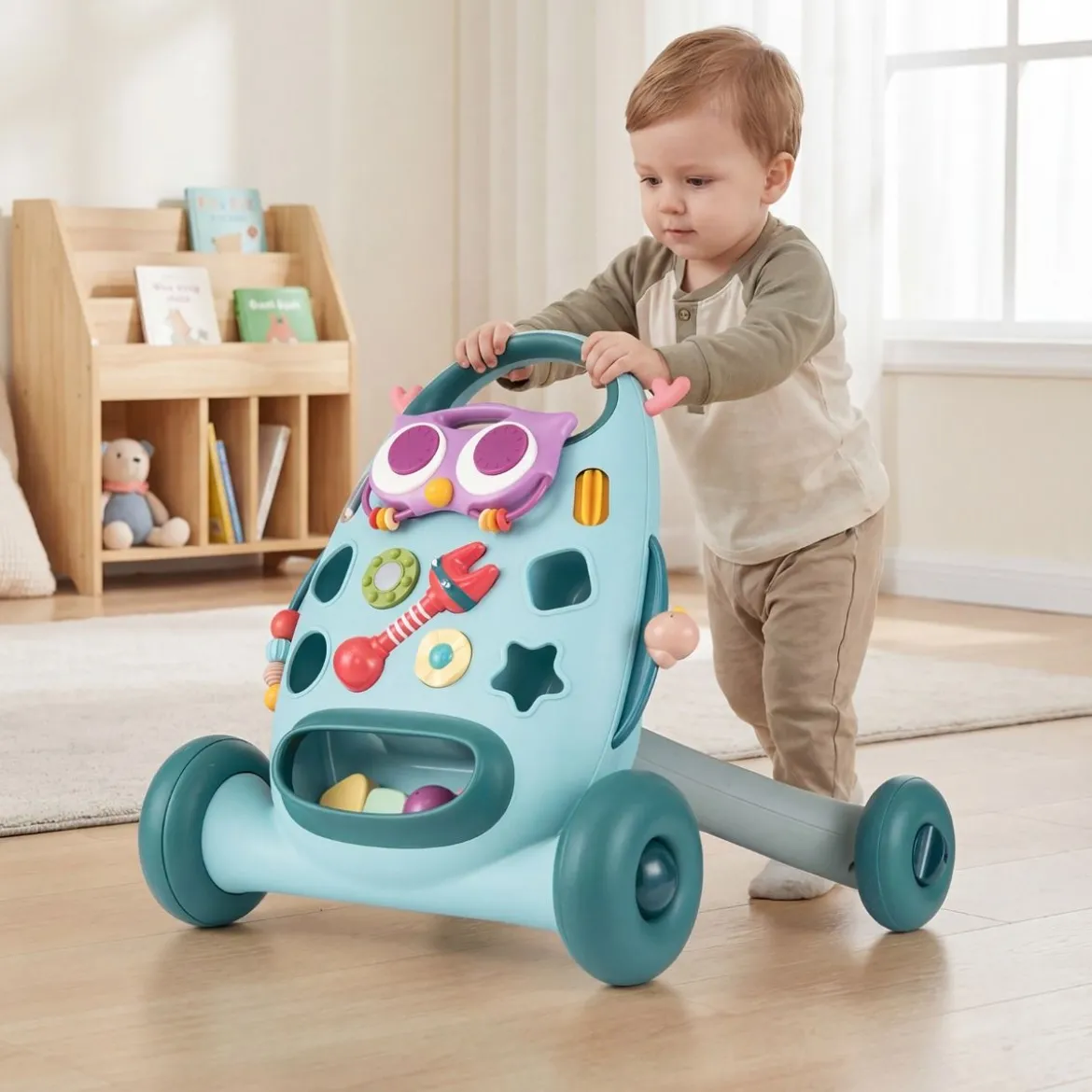 Lauflernhilfe Laufwagen mit abnehmbarem ovalem Spieler & Formen-Sortierer Lauflernwagen Blau