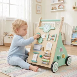 Lauflernwagen aus Holz Baby Walker mit Aktivitätszentrum & Räder Lauflernhilfe für Kinder ab 18 Monaten