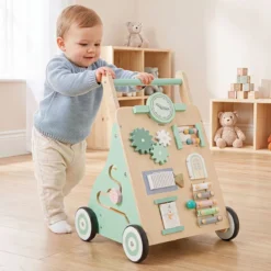 Lauflernwagen aus Holz Baby Walker mit Aktivitätszentrum & Räder Lauflernhilfe für Kinder ab 18 Monaten