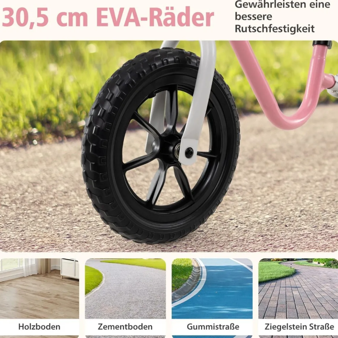 Laufrad mit Lenkrad & Höhenverstellbarer Sattel Lauflernrad mit 12 Zoll Räder Laufräder Rosa