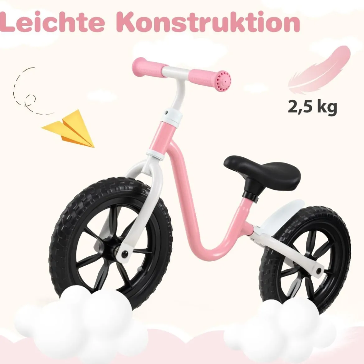 Laufrad mit Lenkrad & Höhenverstellbarer Sattel Lauflernrad mit 12 Zoll Räder Laufräder Rosa
