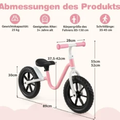 Laufrad mit Lenkrad & Höhenverstellbarer Sattel Lauflernrad mit 12 Zoll Räder Laufräder Rosa