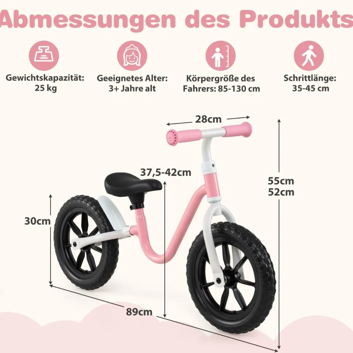 Laufrad mit Lenkrad & Höhenverstellbarer Sattel Lauflernrad mit 12 Zoll Räder Laufräder Rosa
