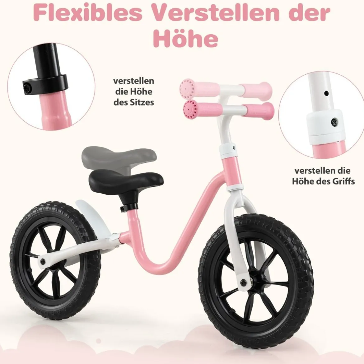 Laufrad mit Lenkrad & Höhenverstellbarer Sattel Lauflernrad mit 12 Zoll Räder Laufräder Rosa