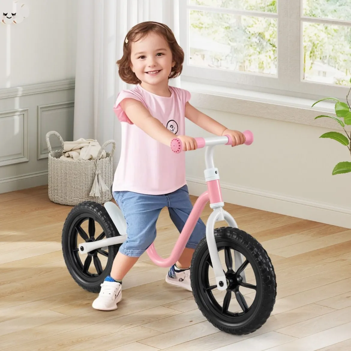 Laufrad mit Lenkrad & Höhenverstellbarer Sattel Lauflernrad mit 12 Zoll Räder Laufräder Rosa