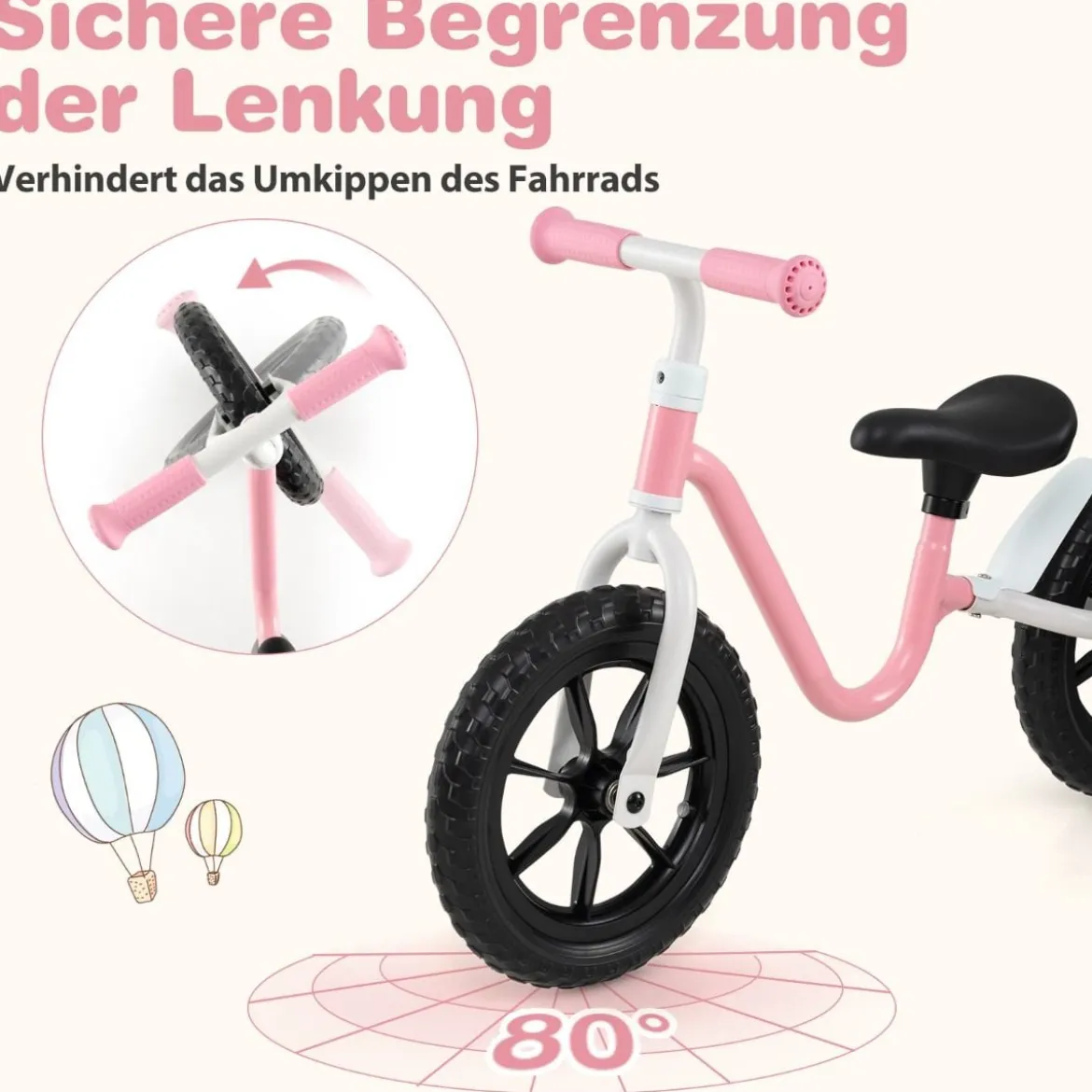 Laufrad mit Lenkrad & Höhenverstellbarer Sattel Lauflernrad mit 12 Zoll Räder Laufräder Rosa