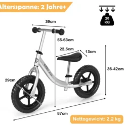 Laufrad mit verstellbarem Lenker & Sitz Balance Fahrrad ohne Pedal für 2-7 Jahre Jungen und Mädchen Silbern