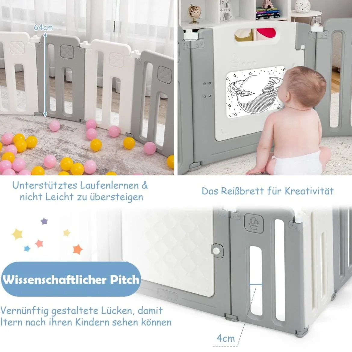 Laufstall Baby-Laufgitter mit Tür Spielpaneel & Sicherheitsschloss 146 x 182,5 x 64 cm