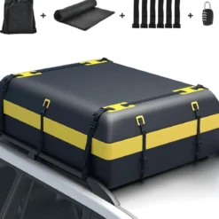 600L Dachbox für Auto mit 6 Türhaken & Zahlenschloss Rutschfester Matte & Tragetasche Dachkoffer Gelb