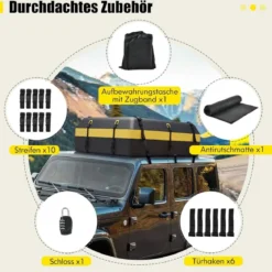 600L Dachbox für Auto mit 6 Türhaken & Zahlenschloss Rutschfester Matte & Tragetasche Dachkoffer Gelb
