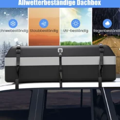 600L Dachbox für Auto mit 6 Türhaken & Zahlenschloss Rutschfester Matte & Tragetasche Dachkoffer Grau