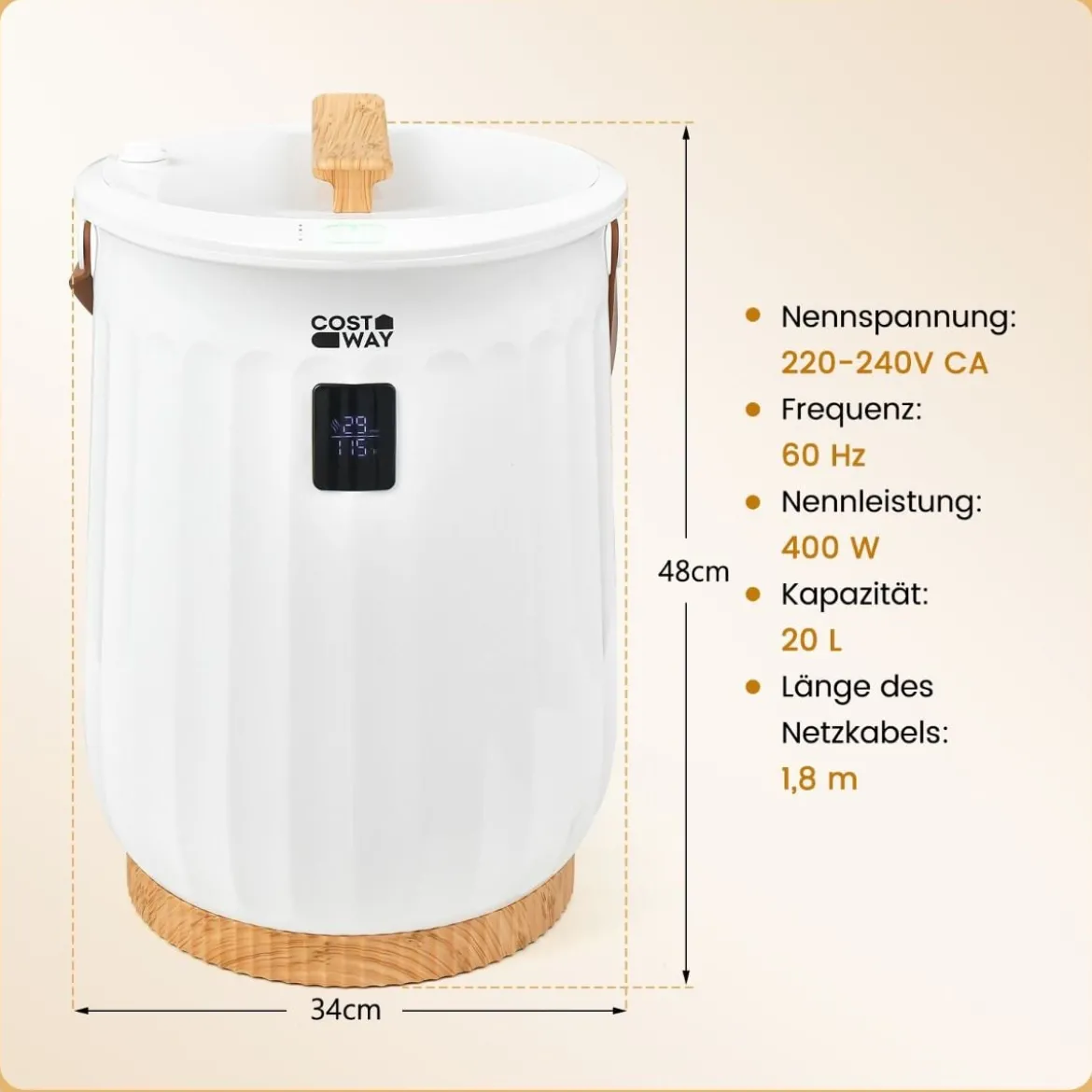 20L Deluxe Eimer Handtuchwärmer mit Timer & Tragbarem Griff & 20 L Kapazität Weiß 34 x 34 x 48cm