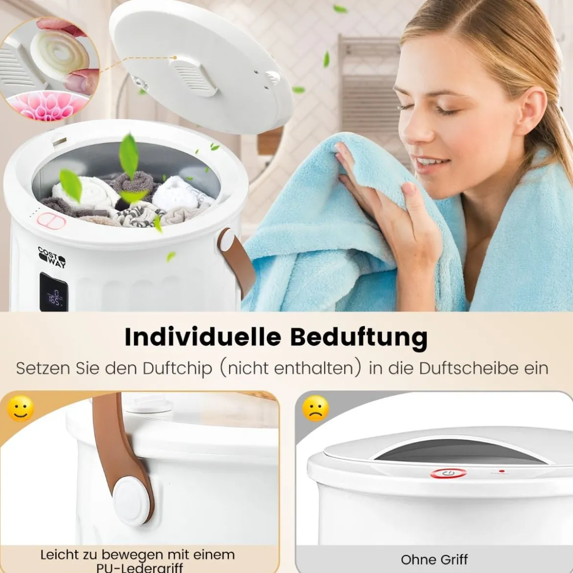 20L Deluxe Eimer Handtuchwärmer mit Timer & Tragbarem Griff & 20 L Kapazität Weiß 34 x 34 x 48cm