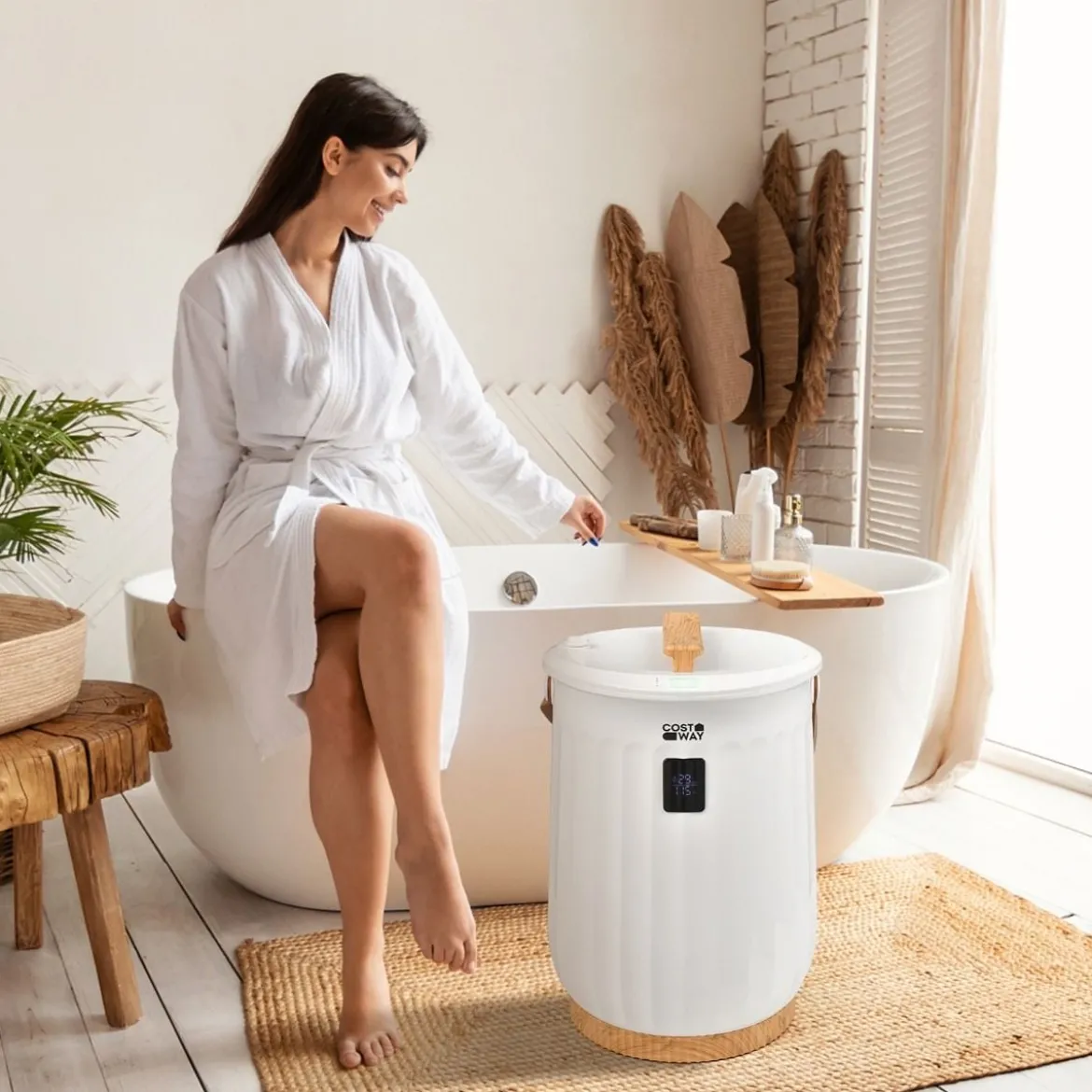 20L Deluxe Eimer Handtuchwärmer mit Timer & Tragbarem Griff & 20 L Kapazität Weiß 34 x 34 x 48cm