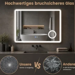 LED Badezimmerspiegel mit Beleuchtung & Integrierter 3‑fach Vergrößerungsspiegel 80 x 60 cm