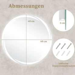 LED Badspiegel mit Beleuchtung 60cm runder Badezimmerspiegel Anti-Beschlag Oval