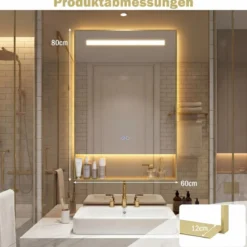 LED Badspiegel mit 3 Lichtfarben & Einstellbare Helligkeit Wandmontierter Schminkspiegel 80 x 60 cm