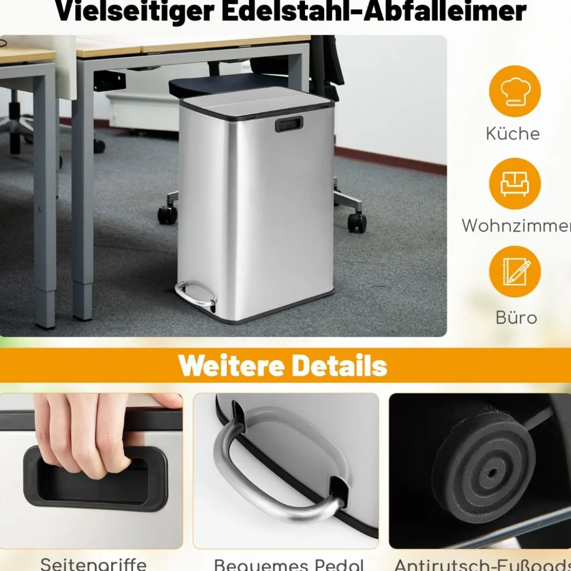 46L Edelstahl-Abfalleimer mit Soft-Closing-Schwingdeckeln & Inneneimer Schlanker Trittabfalleimer