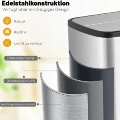 46L Edelstahl-Abfalleimer mit Soft-Closing-Schwingdeckeln & Inneneimer Schlanker Trittabfalleimer
