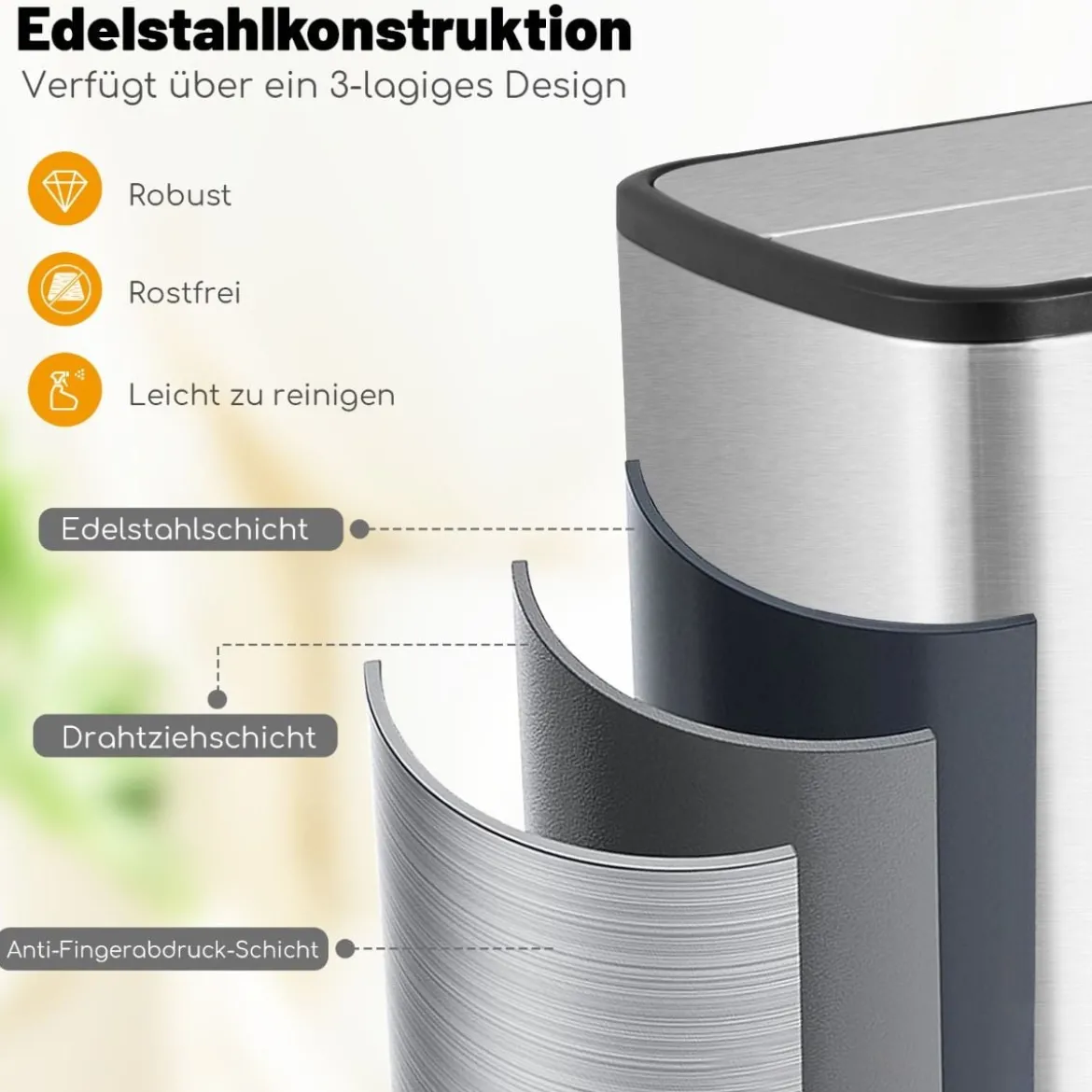 46L Edelstahl-Abfalleimer mit Soft-Closing-Schwingdeckeln & Inneneimer Schlanker Trittabfalleimer