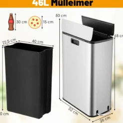 46L Edelstahl-Abfalleimer mit Soft-Closing-Schwingdeckeln & Inneneimer Schlanker Trittabfalleimer