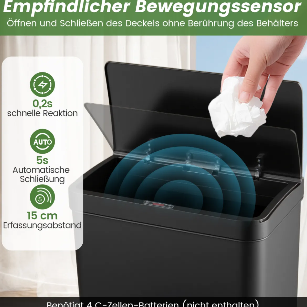 56L Edelstahl Mülleimer mit Bewegungssensor & 2 Abfallbehältern & Soft-Close-Abdeckung Abfalleimer Schwarz