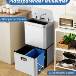 56L Edelstahl Mülleimer mit Bewegungssensor & 2 Abfallbehältern & Soft-Close-Abdeckung Abfalleimer Silber