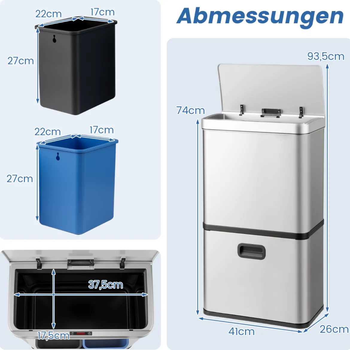 56L Edelstahl Mülleimer mit Bewegungssensor & 2 Abfallbehältern & Soft-Close-Abdeckung Abfalleimer Silber