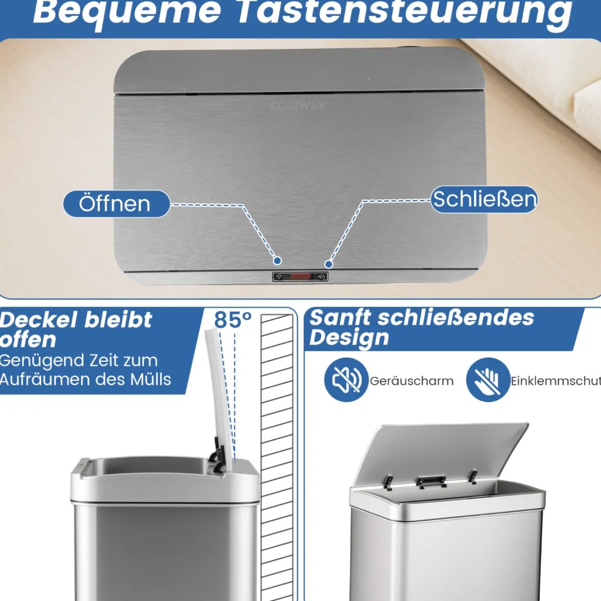 56L Edelstahl Mülleimer mit Bewegungssensor & 2 Abfallbehältern & Soft-Close-Abdeckung Abfalleimer Silber
