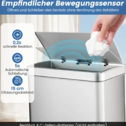 56L Edelstahl Mülleimer mit Bewegungssensor & 2 Abfallbehältern & Soft-Close-Abdeckung Abfalleimer Silber
