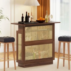 LED Rattan Hausbar mit 3-reihigen Glashaltern & 3 Ablagen Weinschrank mit RGB Beleuchtung