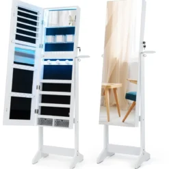 LED Schmuckschrank mit Ganzkörperspiegel und Schminkspiegel 41 x 37 x 156 cm Weiß