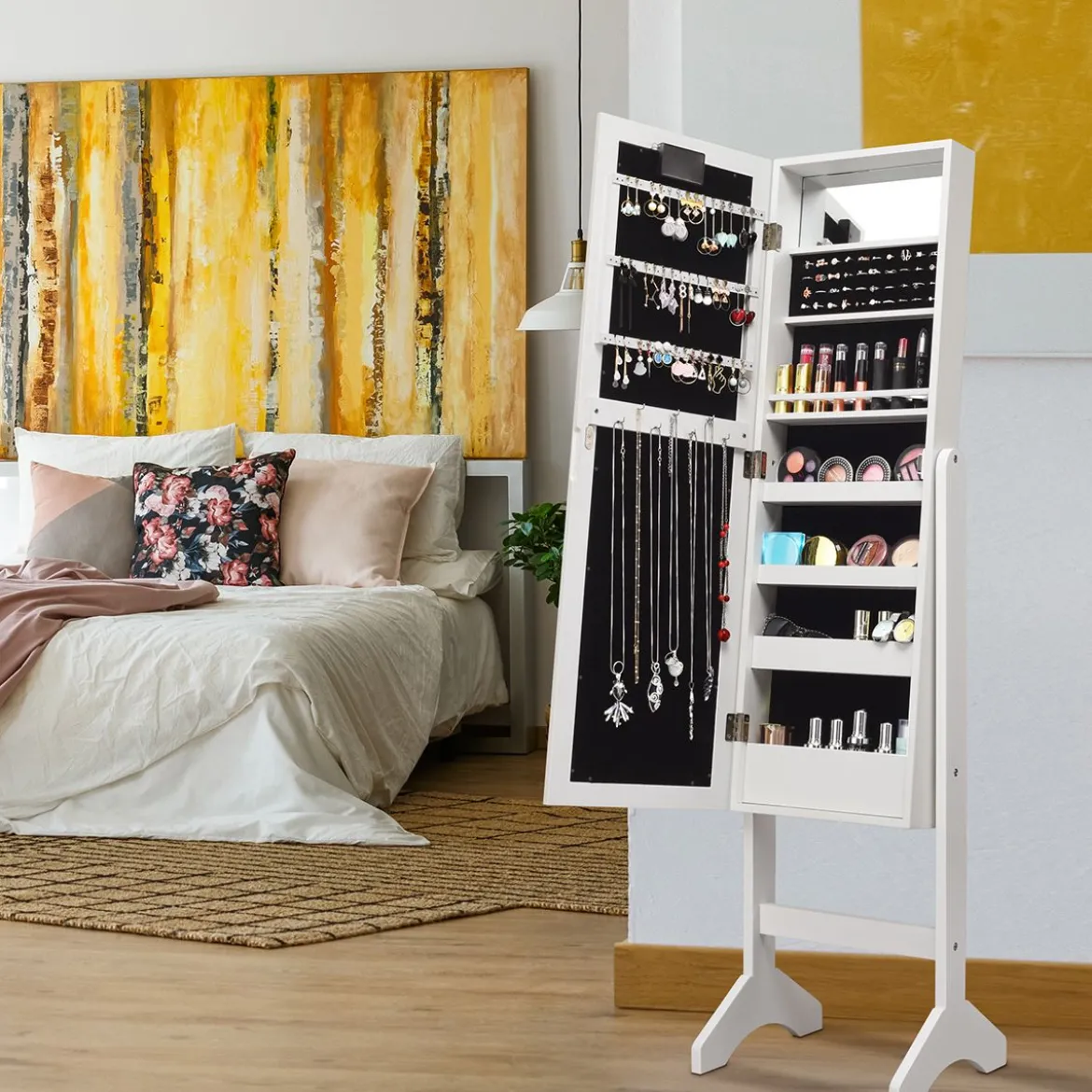 18 LED-Schmuckschrank neigungsverstellbar Schmuckregal Spiegelschrank für Makeup Weiß