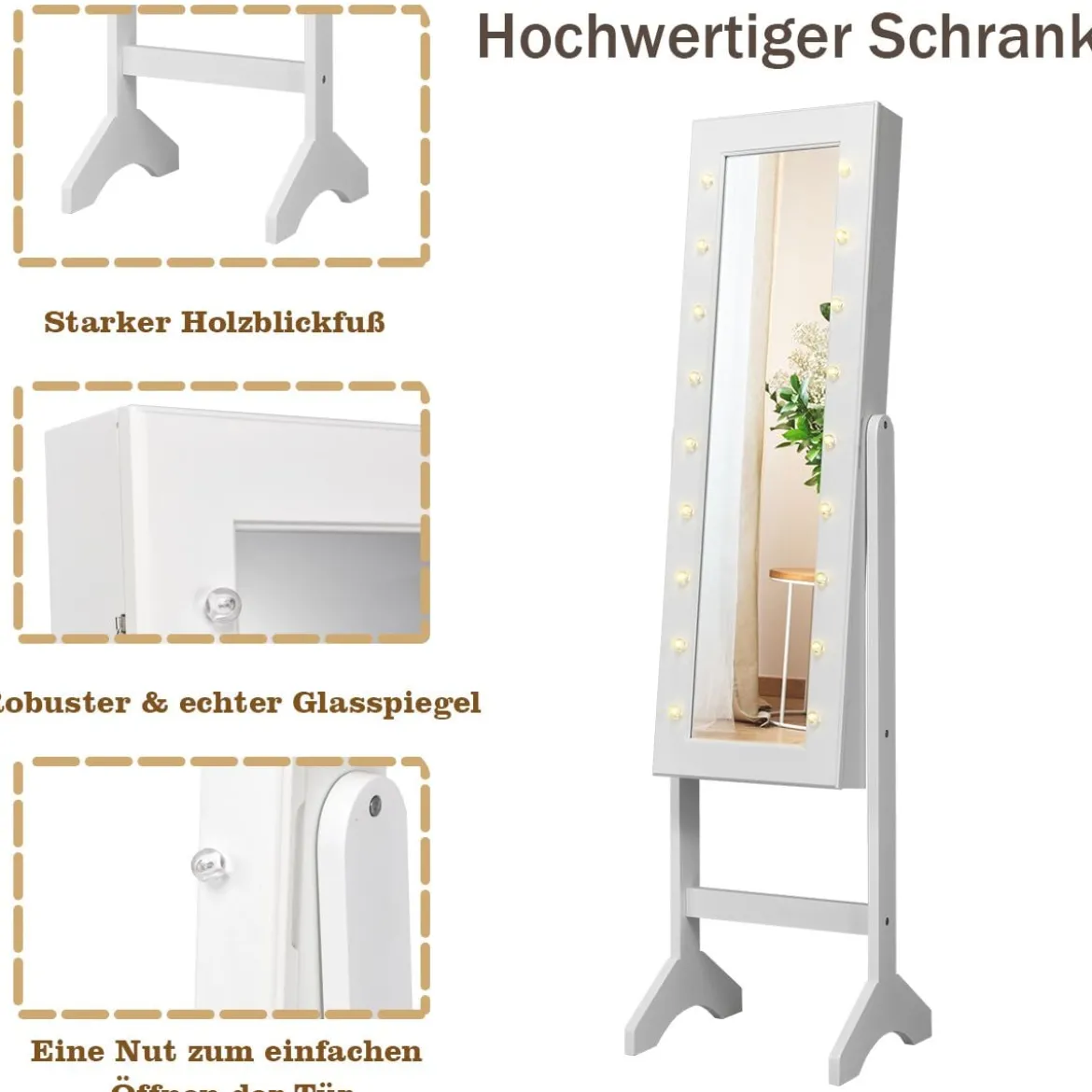 18 LED-Schmuckschrank neigungsverstellbar Schmuckregal Spiegelschrank für Makeup Weiß